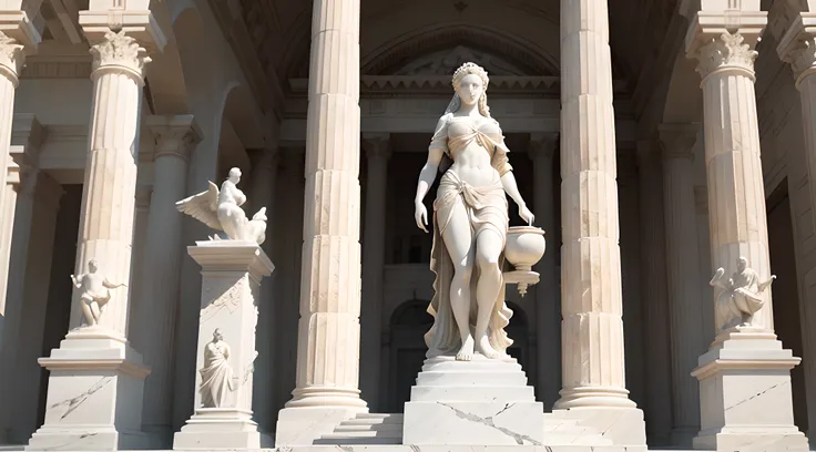 Por gentileza, create an Octane Render-style representation that transports us to an evocative setting of Ancient Greece: visualize a white marble female statue, ultra realista, standing in a courtyard surrounded by Doric columns. Meticulous details are cr...