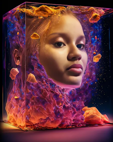 a closeup of a child in a glass case with a bright face, retrato da menina de glowwave, Beautiful acrylic fluid portrait, face submerged in colored oils, Directed by: Adam Marczyński, retrato vfx altamente detalhado de, Retrato VFX altamente detalhado, ret...