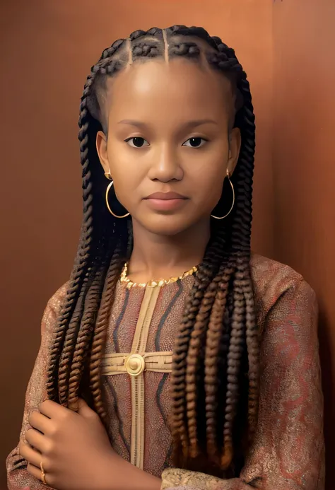 a young woman with long braids standing against a wall, Menina africana de pele clara, Princesa negra africana, Princesa africana deslumbrante, Princesa Africana, menina elegante afro-americana, black hair in braids, longas fileiras de milho, Menina afro-a...