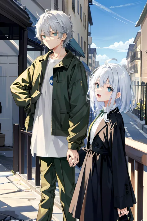 Anime, Highest Quality, Extreme Light and Shadow, Master Composition, Side View, 15 Years Old, (Boy: 1.1+ Girl), (Hand in Hand), (Laughs), Girl {White Hair long : 1.3, Green Eyes}, Boy {Brunet: 1.2, Black Eyes, black, Messy Hair: 1.1, Unruly, Arrogant: 0.9...