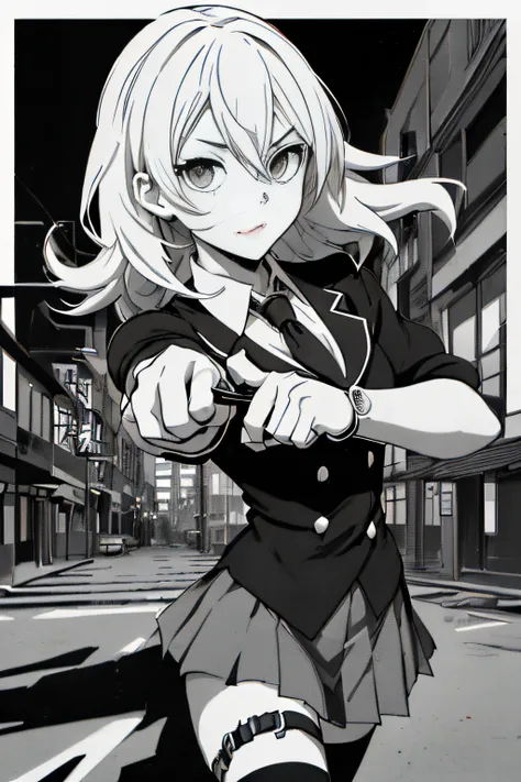 (Comic Noir Style),(linear art_Anime),(black-and-white_High contrast),(masutepiece, Best Quality, ),(Loravard Photos:1.2),(Lora Add Details:1.2),8K, Flat color:1.2,1girl in,hi-school girl、school  background、actionpose