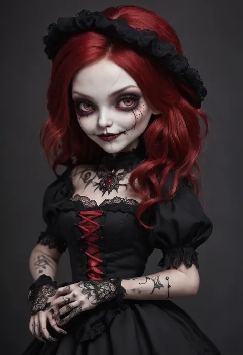 A Colored Tattoo Art Masterpiece, Chibi Gothic Doll, red hair, creepy smiling,  Blood and roses,  detailed and Intrincicated, HD, Bioluminicense