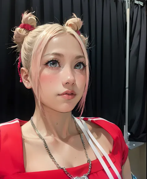 Blonde girl with pink hair and red top poses for photo, shikamimi, Belle Delphine, pink twintail hair and cyan eyes, Pigtails hairstyle, ann takamaki, hime-cut, Larisa Manobal, chiho, Junko Enoshima, nffsw, e-Girl, e - girl, y 2 k cutecore clowncore