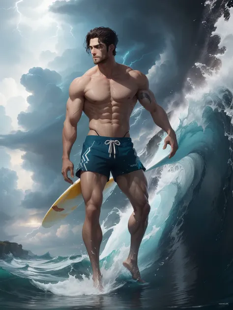 Poseidon wore tight shorts，He has a short beard and short black hair。He has the ability to move hydraulically，Demonstrated ability to manipulate water in flight form，Huge waves and splashes are generated。He represents the Greek god of water，Short hair stan...