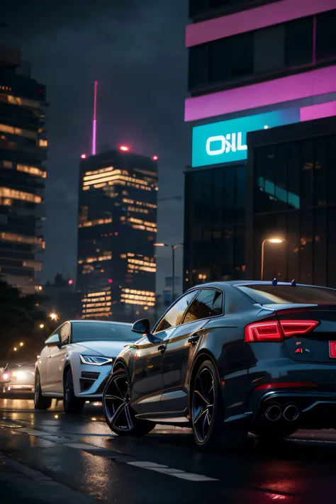 Parked cars inspired by the 2010 AUDI A5 on a city street at night with a neon sign, vfx powers at night in the city, cinematic lighting at night, cinematic shot ar 9:16 -n 6 -g, with cinematic lighting, cinematic night lighting, cinematic colors lighting,...