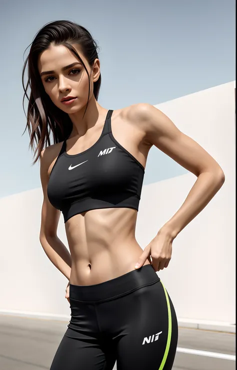 A gorgeous woman in a black sports bra top and black leggings posing for a photo, sport bra and shorts, mulher em forma, usando uma regata preta cropped, Esporte bom, usando uma regata cropped preta, cintura magra e quadris grossos, menina em forma, sports...