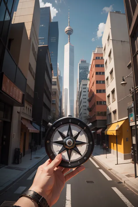 Imagine a modern compass for urban explorers. Adicione elementos urbanos, such as skyscrapers or roads, in the cardinal directions, with crisp lines and elegant details, certifique-se de estar no estilo minimalista