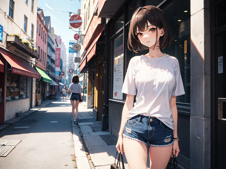 1girl, short brown hair, brown eyes, wearing plain white shirt, denim shorts, city, absurdres, high res, ultrasharp, 8K, masterpiece, looking at viewer