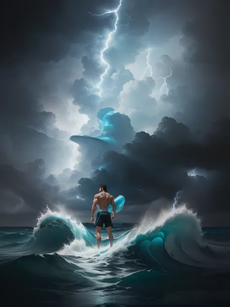 Poseidon wore tight shorts，He has a short beard and short black hair。He has the ability to move hydraulically，Demonstrated ability to manipulate water in flight form，Huge waves and splashes are generated。He represents the Greek god of water，Short hair stan...