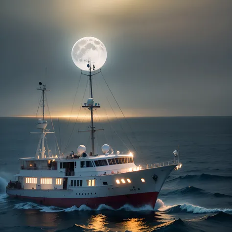 Navio com velas brancas  com uma cruz vermelha, Full moon at midnight in rough seas with dense fog, detalhes angulares lente 35mm -imagine