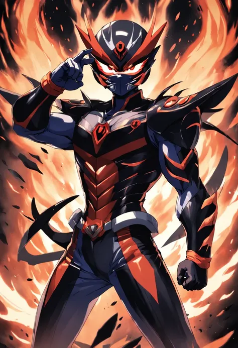 Design a gripping poster featuring Kamen_Rider_Black_RX Tu Odelschwanck from "Kamen_Rider_Black_RX" in a fit of rage. Capture the essence of his burning determination and unyielding spirit as he unleashes his wrath upon his enemies. Keep it short, bold, an...