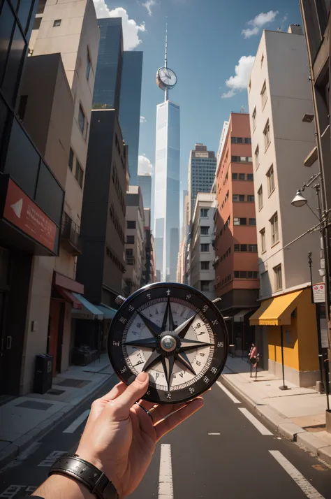 Imagine a modern compass for urban explorers. Adicione elementos urbanos, such as skyscrapers or roads, in the cardinal directions, with crisp lines and elegant details, Make sure not to be minimalist style and put a rolex watch in this persons hand