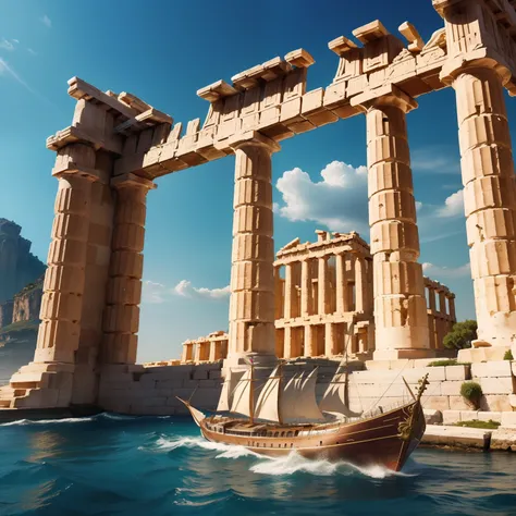 ((Majestic+Fantastic) ancient Greece), (Envision+imagine) an epic and mysterious scene. Visualize ancient (ships+boats+yachts) sailing gracefully along the (serene+beautiful) shores, surrounded by (magnificent+towering) ancient Greek buildings.