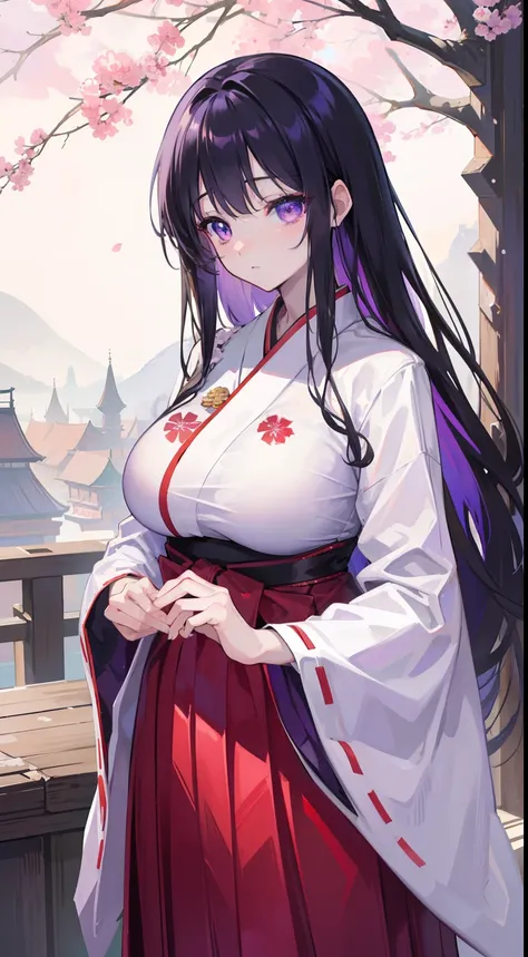 HDR, masterpiece, best quality, Highly detailed, extreme detail description, Professional, ultra-fine painting, chitanda_eru, beautiful eyes, purple eyes, big breast, long hair, Miko Clothes, long sleeves, long hakama, hakama skirt,  add_detail