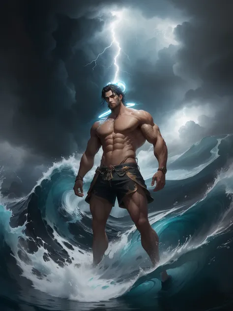 Poseidon wore tight shorts，He has a short beard and short black hair。He has the ability to move hydraulically，Demonstrated ability to manipulate water in flight form，Huge waves and splashes are generated。He represents the Greek god of water，standing on wat...