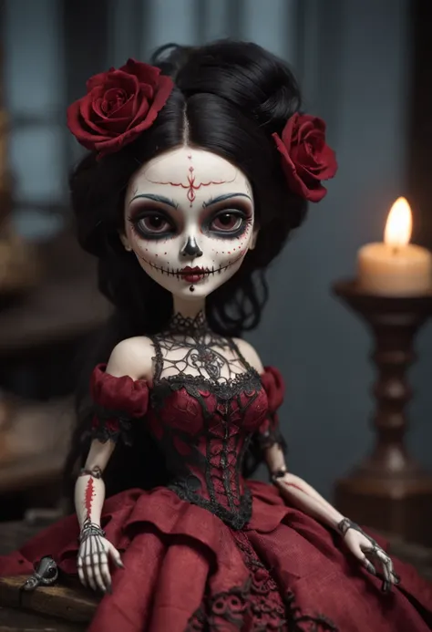 A Colored Tattoo Art Masterpiece, Chibi La  Catrina Doll, Black hair, creepy smiling, Red Dress, Blood and roses, In a Castle, detailed and Intrincicated, HD, isometric fractal Bioluminicense