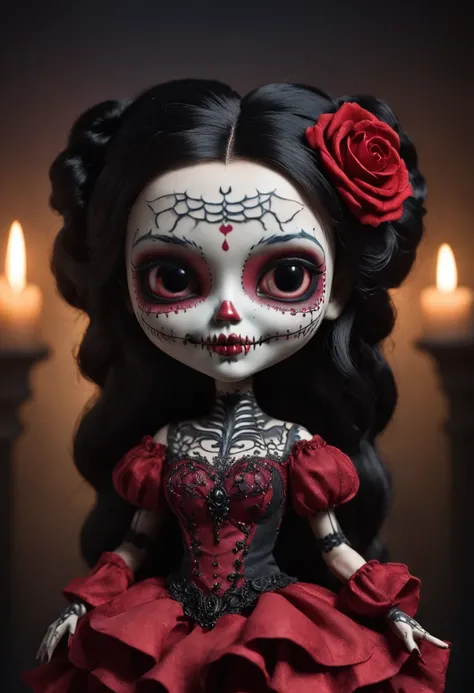 A Colored Tattoo Art Masterpiece, Chibi La  Catrina Doll, Black hair, creepy smiling, Red Dress, Blood and roses, In a Castle, detailed and Intrincicated, HD, isometric fractal Bioluminicense