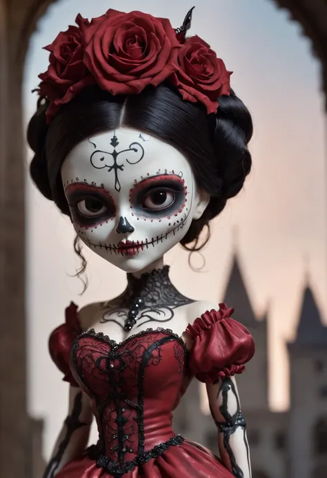 A Colored Tattoo Art Masterpiece, Chibi La  Catrina Doll, Black hair, creepy smiling, Red Dress, Blood and roses, In a Castle, detailed and Intrincicated, HD, isometric fractal Bioluminicense