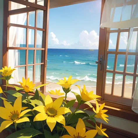 Window overlooking the sea, sunny summer morning, yellow flower, lots of details, beautiful