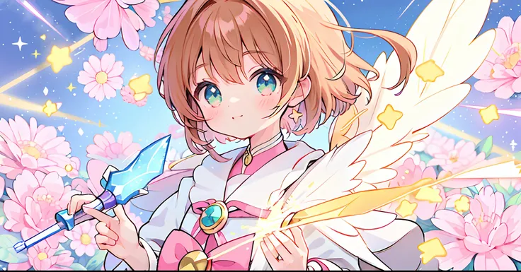 k hd，Anime girl with wand and star wand in her hand, portrait of magical girl, sparkling magical girl, magical little girl, cardcaptor sakura, pin on anime, clean and meticulous anime art, magical girl anime mahou shojo, beautiful anime art style, cute ani...