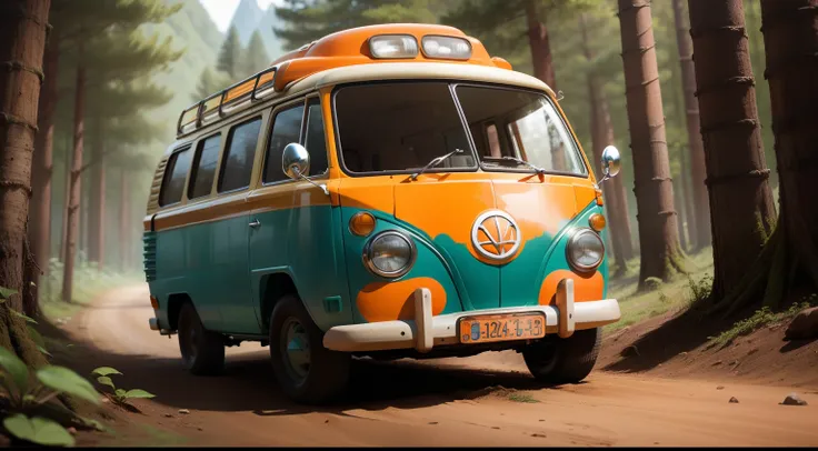 orange kombi car, running in the middle of a forest,style of a Disney Pixar cartoon