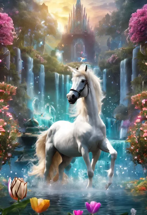 A majestic unicorn, com pelagem branca e brilhante, is standing in front of a dazzling magic fountain. The fountain has crystal clear water that cascades, criando ondas suaves e brilhantes. Multifaceted flower petals float in the air, while colorful butter...