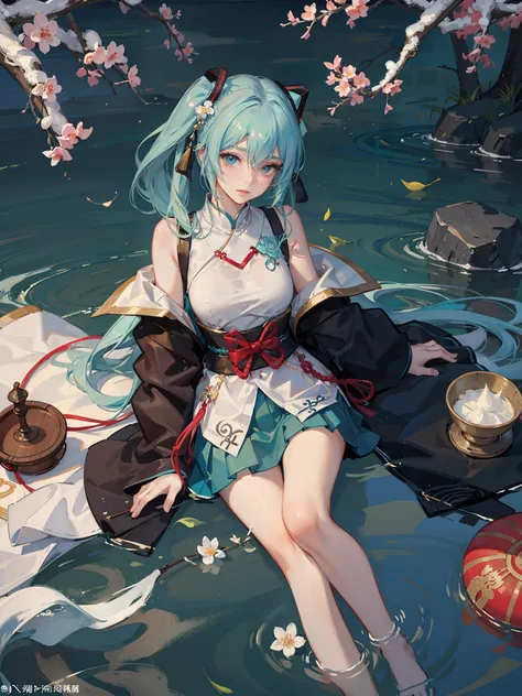 8k，Highest image quality，Big breasts Hatsune Miku，The color combination with a hint of chill is very close to the temperament of the original painting。The Hatsune hair on the plum blossom tree ripples like water waves，Very impressive，This artistic concepti...