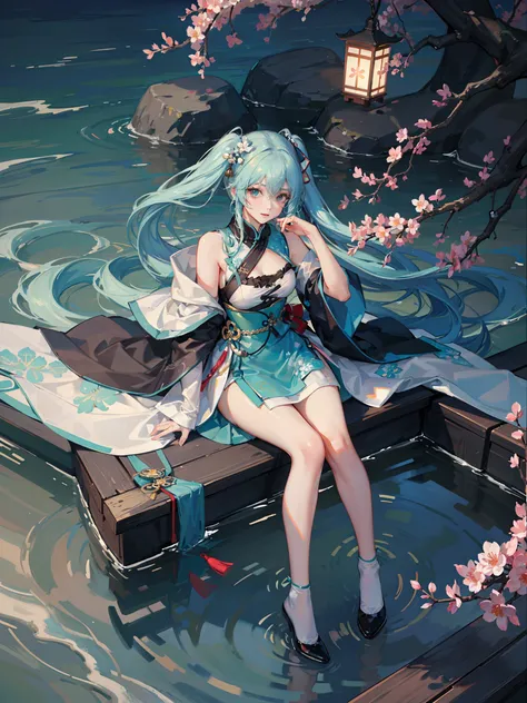 8k，Highest image quality，Big breasts Hatsune Miku，The color combination with a hint of chill is very close to the temperament of the original painting。The Hatsune hair on the plum blossom tree ripples like water waves，Very impressive，This artistic concepti...