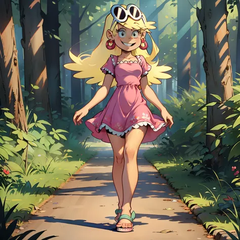 ((masterpiece, best quality)),solo,1girl, full body, leni loud, blonde hair, long hair, pink dress, earrings, eyewear on head, h...