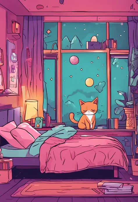 Bedroom kawaii with a siamês Cat skeeping in the bed gamer computer window with stars in the SKY