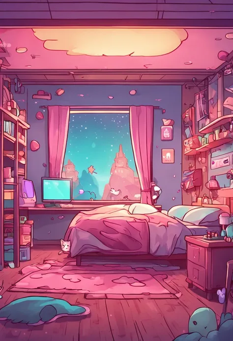 Bedroom kawaii with a siamês Cat skeeping in the bed gamer computer window with stars in the SKY