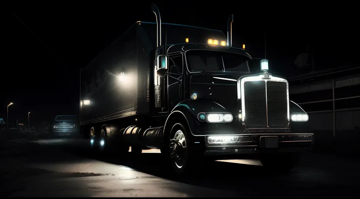 Araf truck parked in parking lot at night with headlights on, Truck, imagem do produto de alta qualidade", photo rendering, detailed high contrast lighting, foto de retrato, iStock, reboque, high contrast cinematic lighting, dramatic artwork, at night, dra...