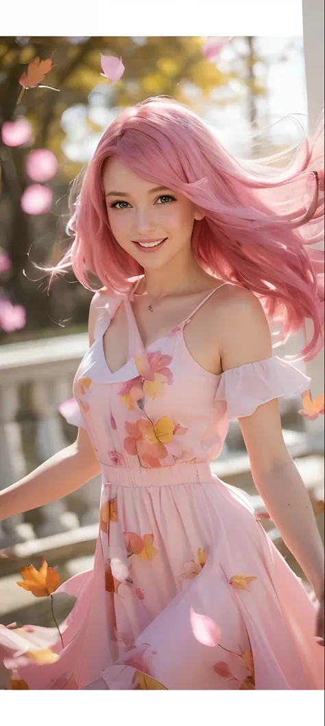 Portrait photo, ((Maximum resolution 8k)), most beautiful woman, the most beautiful, fair skin, European, Caucasian face, happy expression, ((pink hair: 1.4), Beautiful pink hair, blown by the wind, Beautiful face, beautiful figure , Autumn petals in the a...