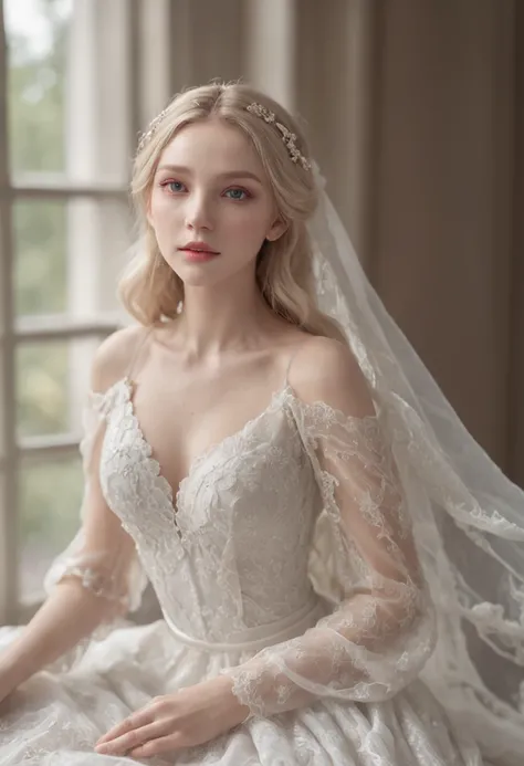 1 beautiful girl, Full body, Permanent image, white wedding dress, Soft dress, blonde hair, eyes blue, wavy hair, 巨作, Diffused soft film lighting, portrait, Best Quality (perfect face:1.4), Ultra-realistic highly detailed complex realistic pattern image si...