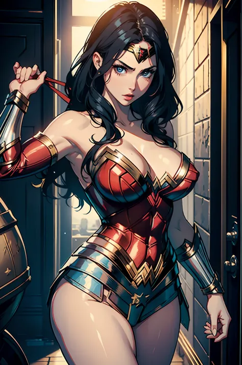 Beautiful hot woman detailed definition of body using Wonder Woman role-playing, big rounded breasts