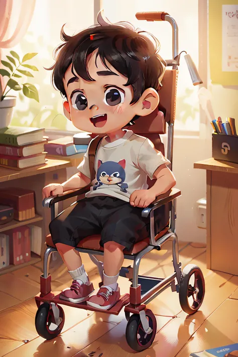 Super cute little boy in wheelchair full body 3D image, 1pc, good eyes looking, big eyes, cute, happy, c4d, pop matt blind box, short black hair, at clasroom school,