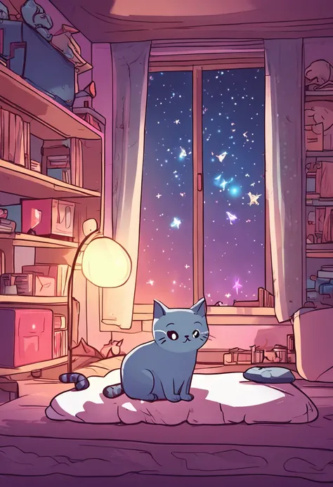 Kawaii room with a Siamese Cat storing in bed gamer computer window with stars in the sky