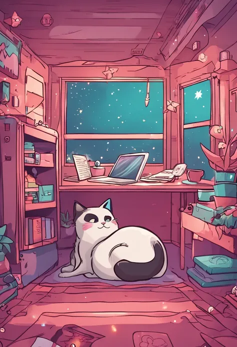 Kawaii room with a Siamese Cat storing in bed gamer computer window with stars in the sky