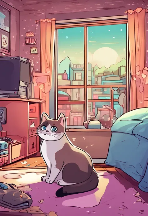 Kawaii room with a Siamese Cat storing in bed gamer computer window with stars in the sky