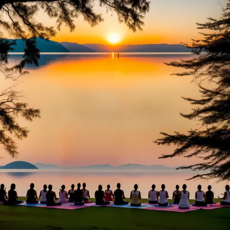 A group of people are gathered in a spectacular natural setting, engaged in a meditation and yoga session. The location is a serene paradise, where natural beauty unfolds in all its glory.

The setting is by a tranquil lake, surrounded by high mountains co...