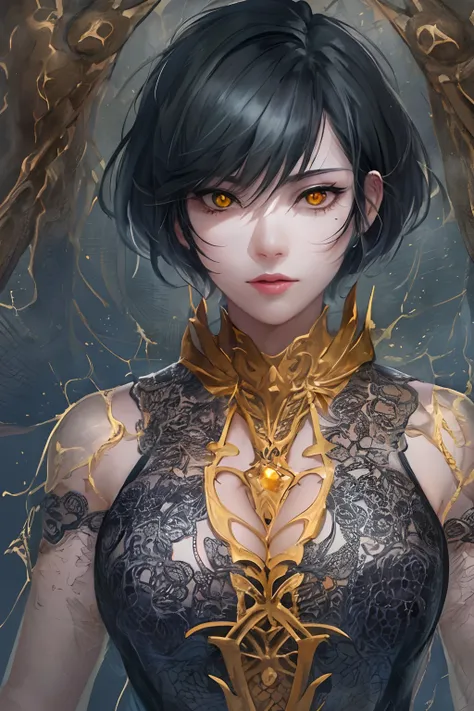 Fantasy, WLOP, high detail, Masterpiece, Best Quality, Super Face Detail, illustartion, RPG, Female General, ((black short hair, trimmed by Bob)), Yellow Demonic Eyes, (Fantasy), watercolor expressionist, (detailed skin), (high detail, Hyper Detail, Entang...