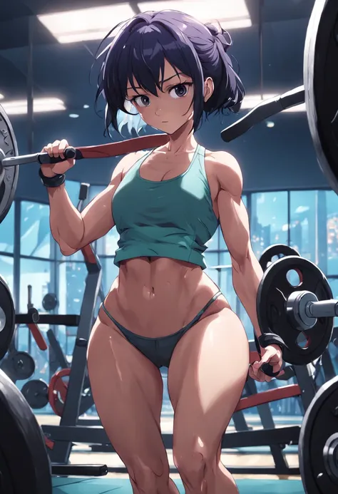 an illustration of Brolly working out intensely in a gym, com alto detalhamento, qualidade excepcional, Advanced shadow technique, Featured muscles, cores realistas, determined facial expression, ambiente moderno e equipamentos de academia modernos