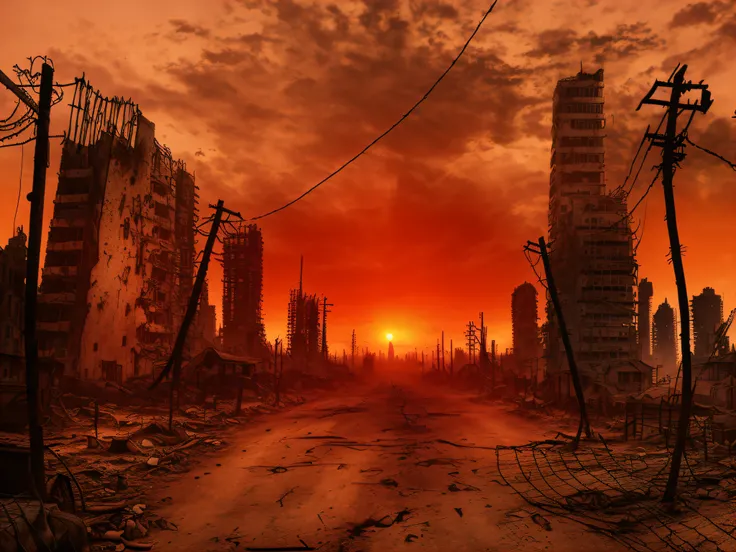 arafed city with a sunset in the background and barbed wire, post-apocalyptic hellscape, apocalyptic background, apocalyptic city, apocalyptic landscape, apocalyptic scene, apocalyptic scenery, post - apocalyptic wasteland, landscape of apocalypse city, ap...