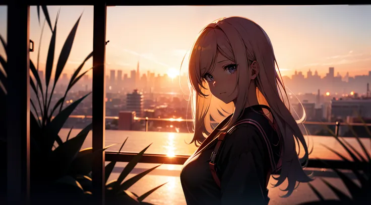 An anime girl, sunset, bokeh effect, depth of field, background blur, wallpaper, far shot, faraway shot