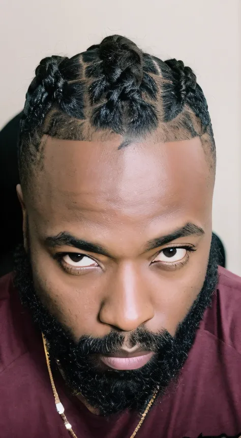 there is a man with a beard and a necklace on his neck, receding hairline, tapered hairline, taken in the early 2020s, showing forehead, looking off to the side, looking frontal view, full head shot, cornrows, about 3 5 years old, curls on top of his head,...