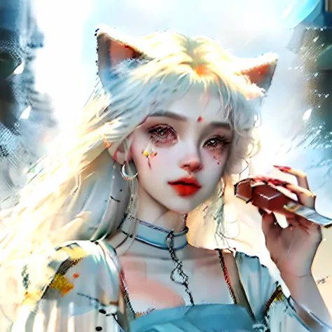 SENSE OF CINEMA, wands, The fountain, Bumpy figure, Expose the collarbone, Gothic costumes, flower ring, silber hair, long whitr hair, pretty eyes, Cat ears, younger female, sorceress woman, Cat girl, Asians have clearer details，Optimize the whole，More agi...