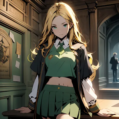 inside Hogwarts, adult, hogwarts school uniform, slytherin, green and golden, blonde, crop top, sexy, 18 years old, medium chest, cowboy shot, (long hair), short skirt, school skirt