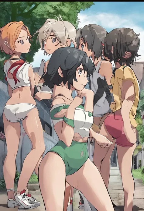 three anime characters in female panties side by side and
Facing each other, Burma, olhos verdes, gym uniform, several young girls,
3meninas, cabelos pretos, from behind, camisa, camisa branca, Olhando para o Viewer,
janela, short hair, mangas curtas, dent...