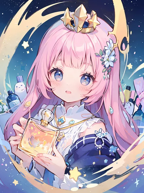 Best quality, masterpiece, ultra high res, clean facial features, flat desigen, wide shot, face to viewer,
  complex background, wishing star background, woman inside of the bottle wearing a ethereal mystical pink traslucent dress that reflects the stars ,...