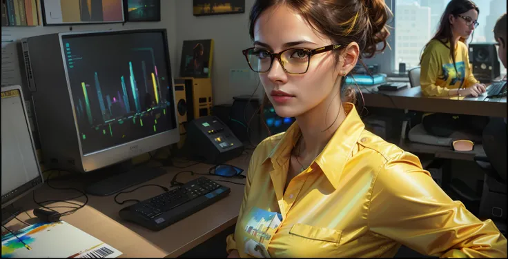 Painting of a woman in a yellow shirt and glasses in front of a computer, Alena Aenami e Android Jones, Martin Ansin, Retrato da obra, Artgerm Julie Bell Beeple, Alena Aenami e Artgerm, Anato Finnstark e Alena Aenami, tom bagshaw weta studio, simon stälenh...